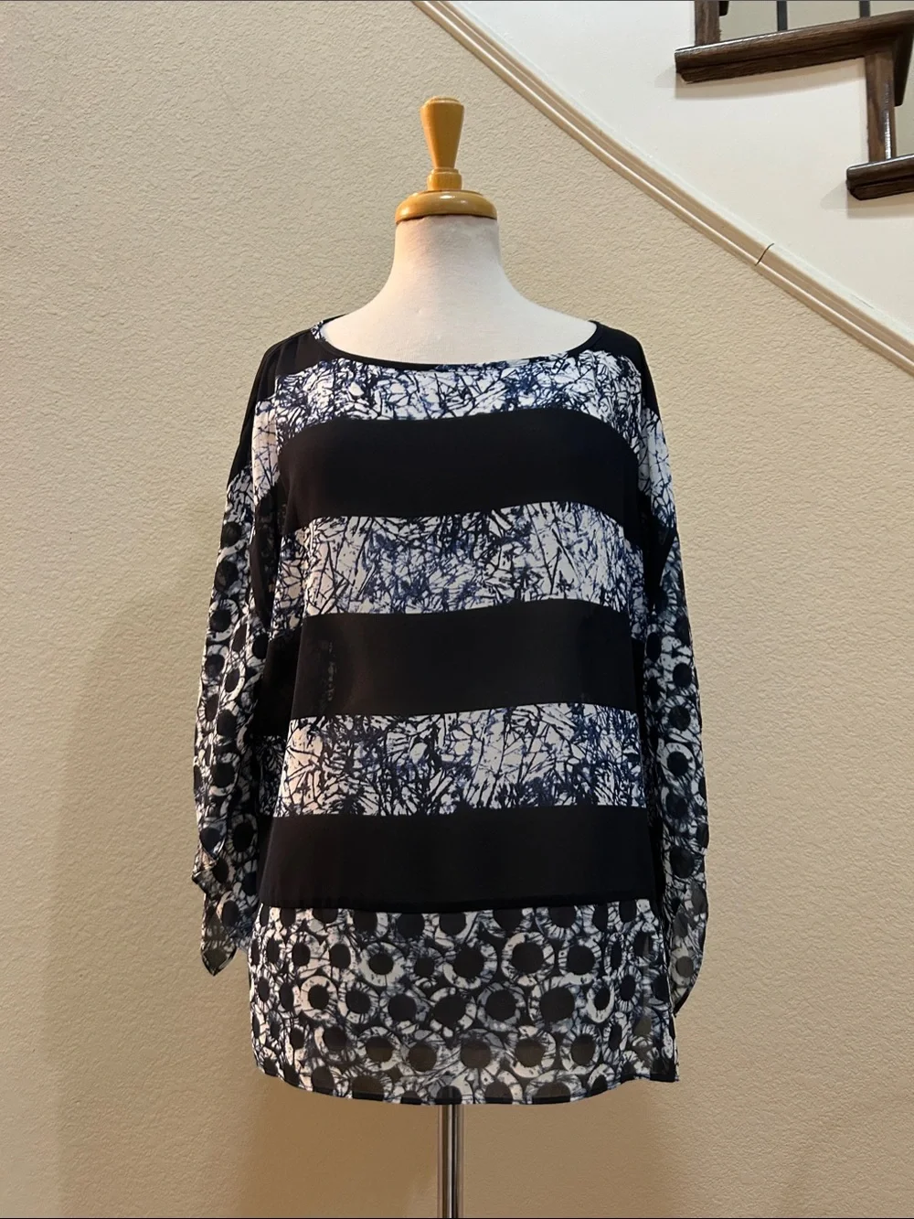 Michael Kors Navy and White Mixed Print Long Sleeve Blouse